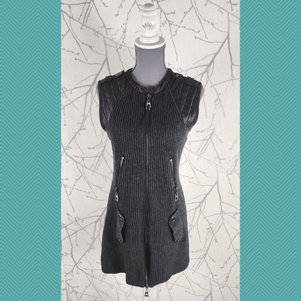 Elena Wang Dark Gray Wool Blend Ribbed Knit Full Zip Sweater Dress